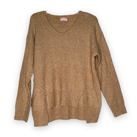 Pink Lily Tan Sweater Soft Comfy Stretchy Unique Notched Hem Small - Picture 1 of 5